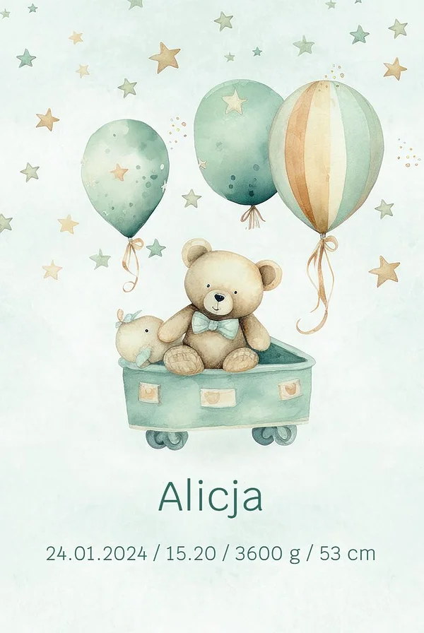 Metryczka - Miś z zielonymi balonikami