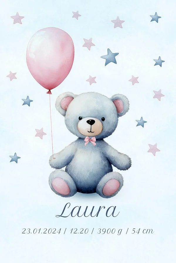 Metryczka - Miś z różowym balonikiem