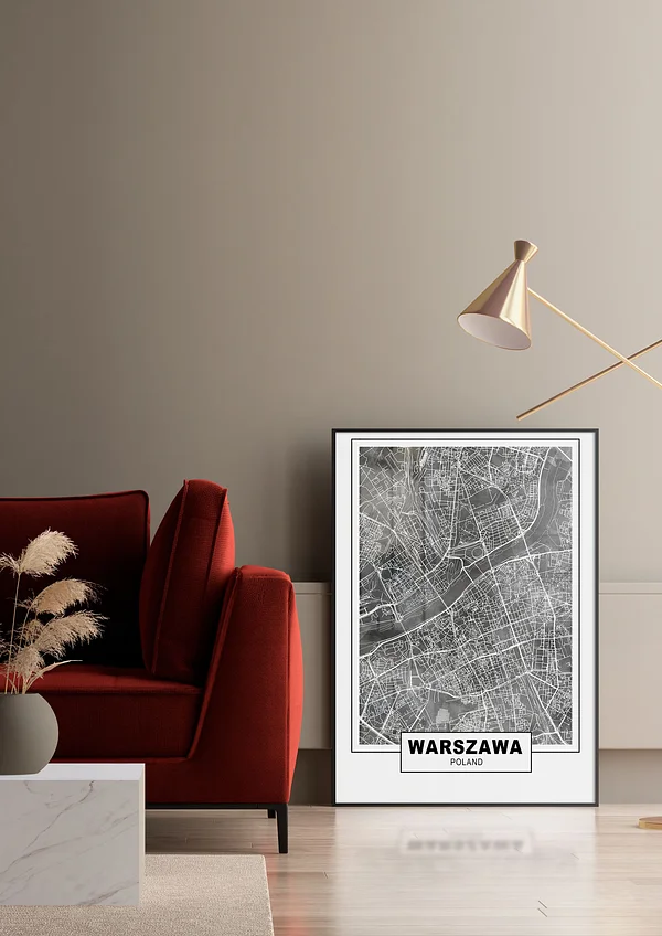 Warszawa plakat z planem miasta na ciemno szarym tle