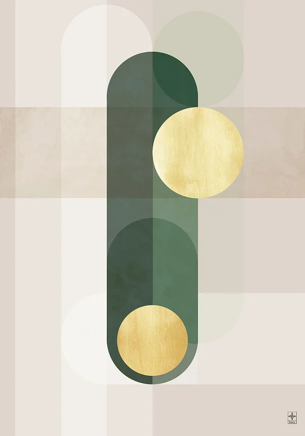 Zielony Owal i Złote Koła: Abstrakcyjna Geometryczna Sztuka