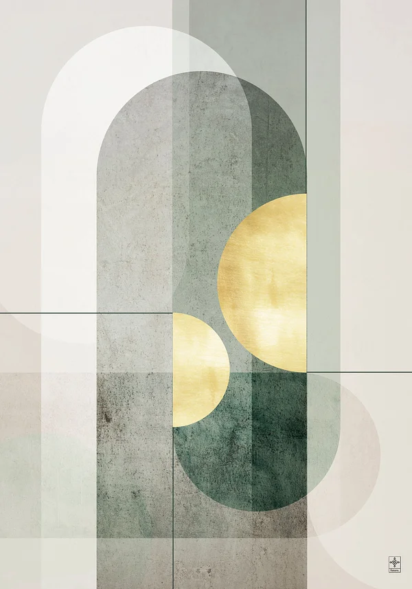 Złoto w Kontraście: Geometryczna Abstrakcja z Zielenią i Szarością